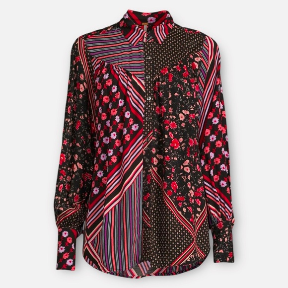 FREE PEOPLE Hazel Button Down Top size M Boho Floral Colorful Hippie - Picture 4 of 11